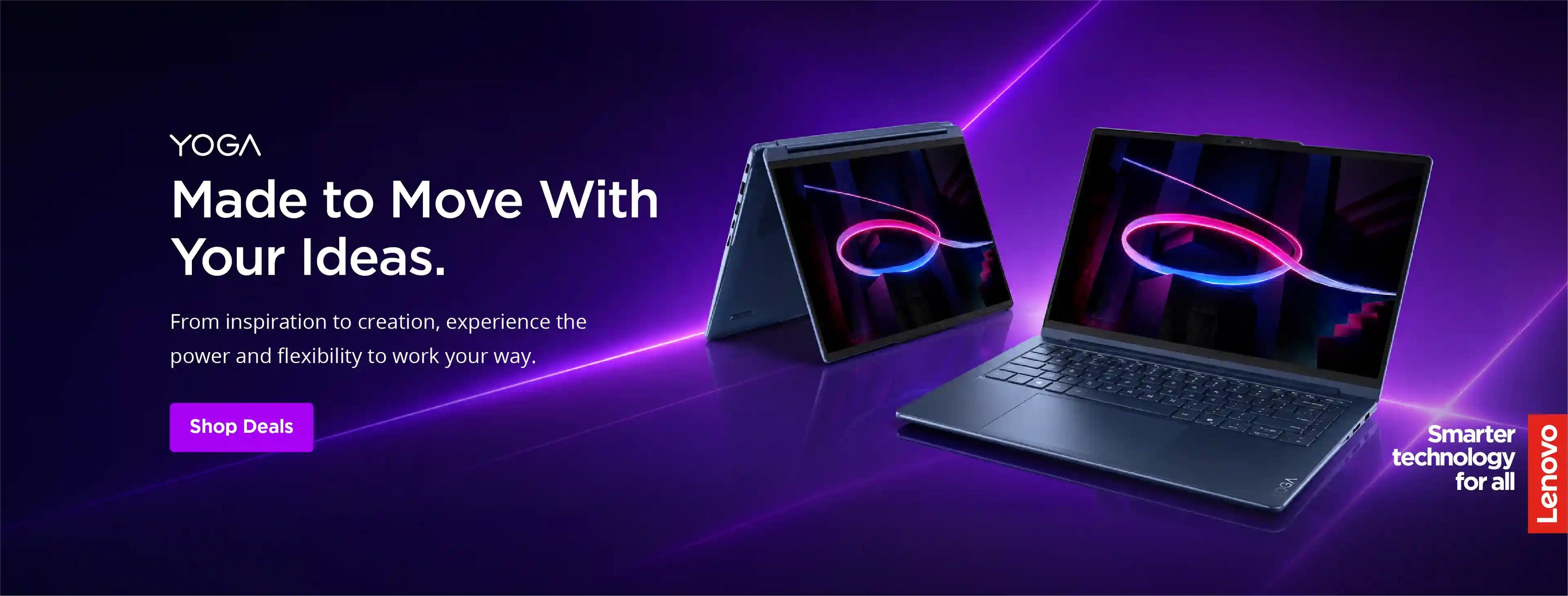 Lenovo Yoga laptop and tablet shown on a dark purple promotional background with glowing neon lines and marketing text.