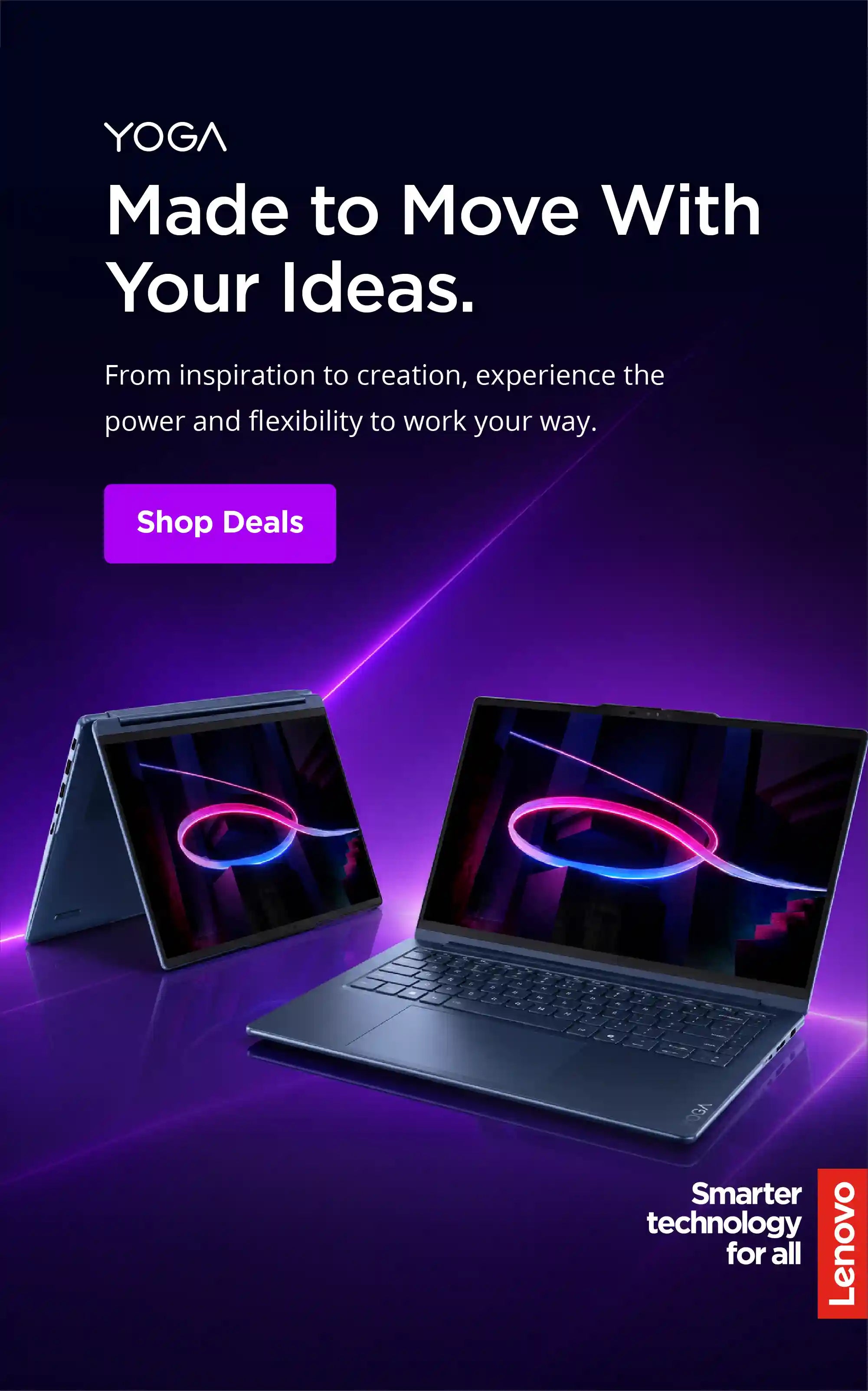 Lenovo Yoga laptop and tablet promotional graphic on a dark purple background with glowing neon accents and marketing text.